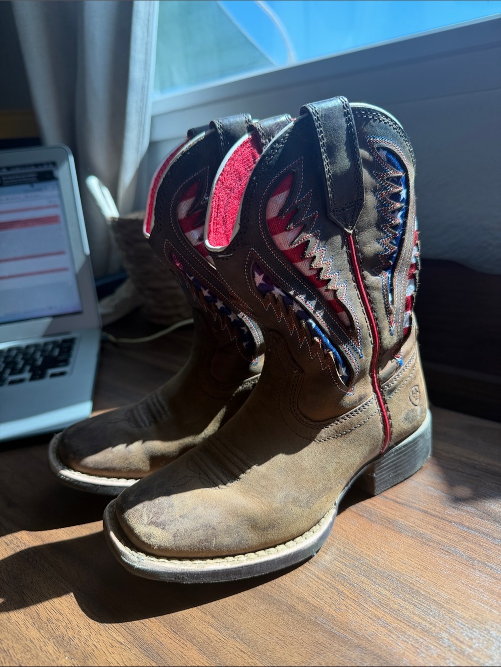Ariat Brown Leather Western Boots with Red and Blue Trim